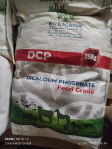 White 25 kg bag labeled Dicalcium Phosphate Feed Grade, with a red DCP band and a green farm scene with animal silhouettes (cows, horses, chickens) at the bottom.